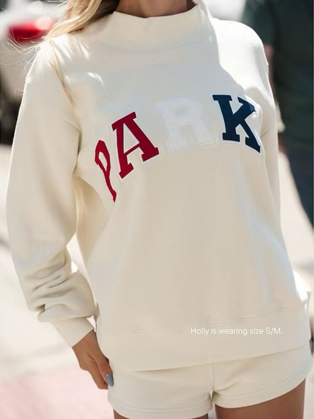 PARKE Women's Mock Neck Sweatshirt in Cream with Red and Blue Lettering Size S/M